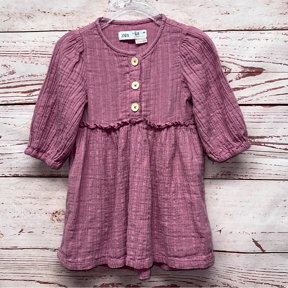 Zara Girl Pink Gauze Dress Long Sleeves Baby Doll Size 12-18 Months